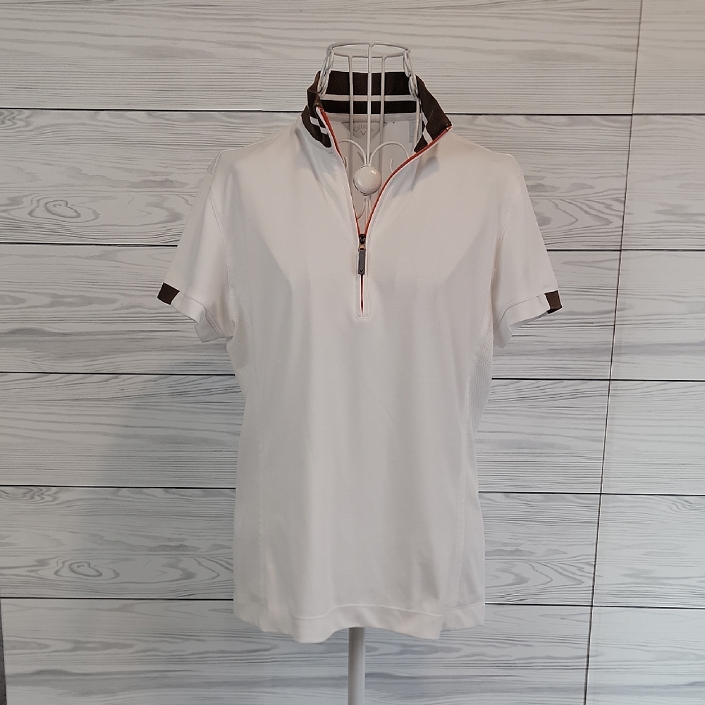 Callaway Golf White Polo Shirt with Brown Trim Womens Size M